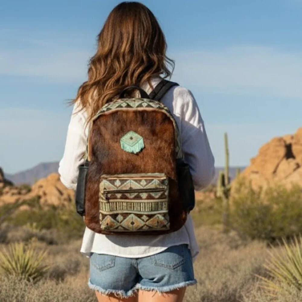 🔥 RARE Western Cowhide & Real Tooled Leather Diaper Bag / Backpack XL 🐄